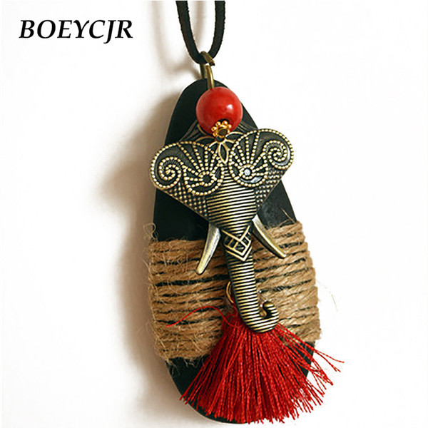 DHgate Lovely Alloy Elephant Necklace Chain Handmade Ethnic Waterdrop Wood Long Tassel Pendant Necklace for Women Gift