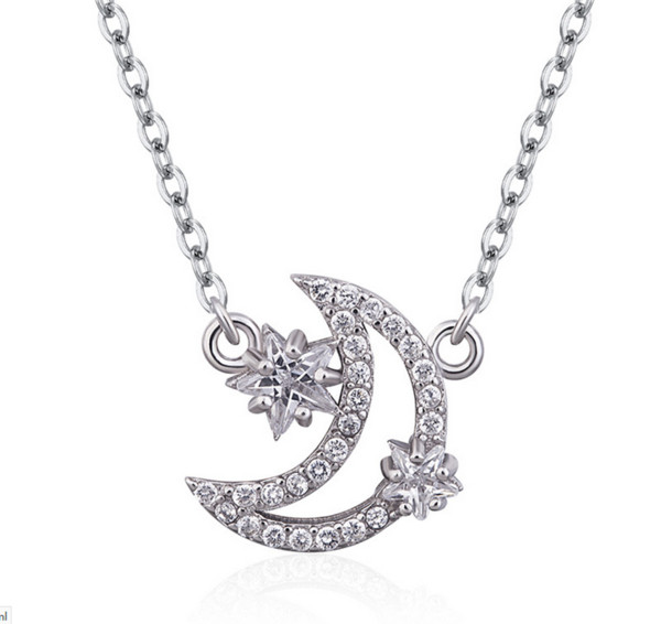 2018 new S925 sterling silver jewelry temperament versatile item decoration star moon necklace micro-inlaid zircon star moon pendant clavicl