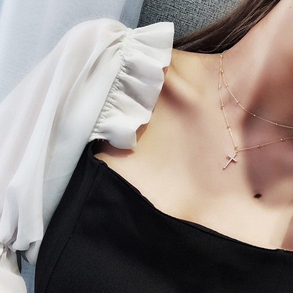 Double deck full drill CROSS CHOKER NECKLACE, female clavicle chain, Korean student, short neck necklace with simple chain.