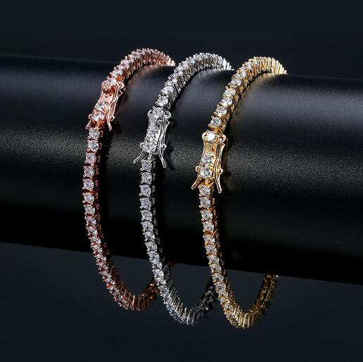 3mm Hip hop tennis chain bracelets aaa cz paved for men women jewelry tennis bracelet mens jewelry gold silver rose gold 7inch 8inch