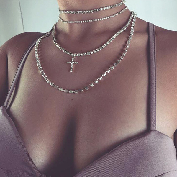 Diamond Claw Drill Necklace Personality Fashion Trend Cross Multi-layer Necklace European and American Fashion Jewelry Luxury Ornament