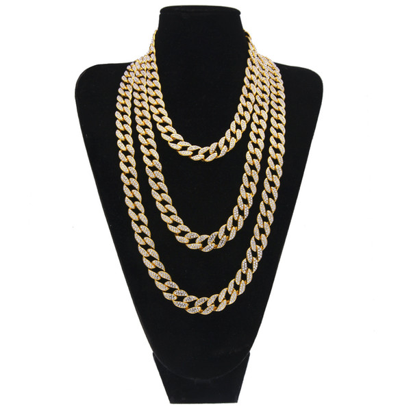 Iced Out Bling Rhinestone Crystal Goldgen Finish Miami Cuban Link Chain Men's Hip hop Necklace Jewelry 18,20, 24, 30Inch