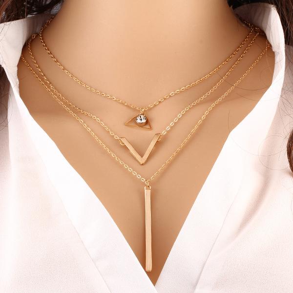 2016 Fashion Multi-Layer Chain Choker Statement Necklace Triangle With Diamonts Modern stylish necklace gift for women