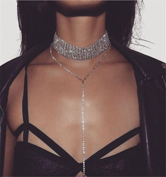 New Fashion Women Contracted Quality Constraints Rhinestone Mosaic Personality Long Body Chain Pendant Choker Necklaces Jewelry