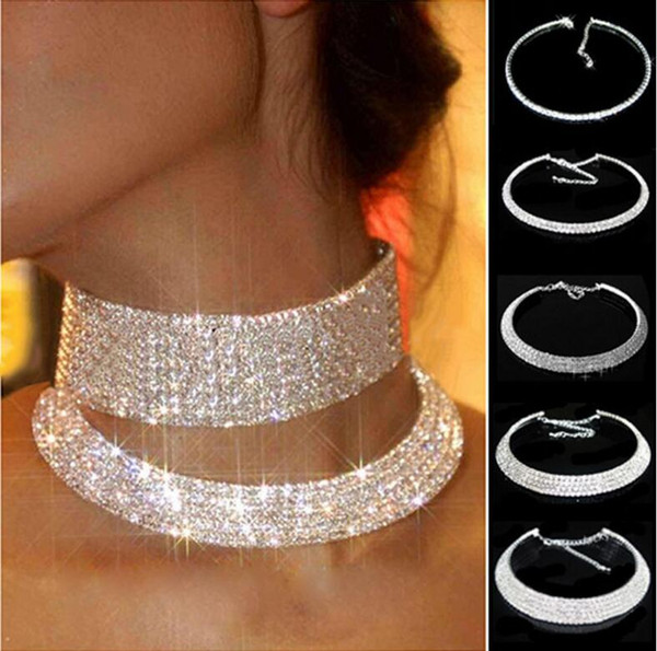 Women Crystal Rhinestone Collar Necklace Choker Necklaces Wedding Bridal Party Collar Choker Chain Necklace Crystal Choker Necklace 5 Rows