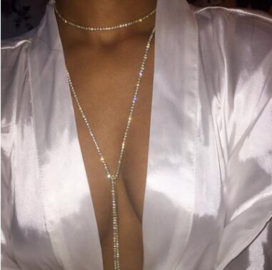 Diamond crystal rhinestone long necklaces adjustable collarbone necklace girl fashion neck chain simple choker collar 425