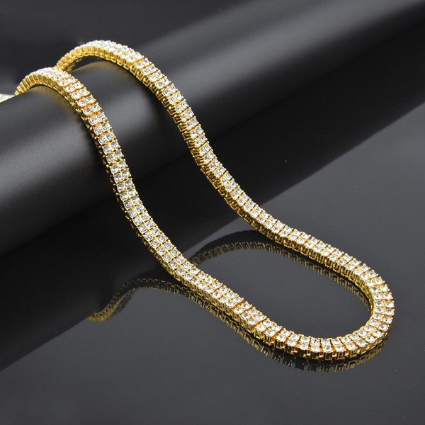 New Men's hip hop jewelry gold chain Rhinestone Necklace Mens Two Row Bling Iced Graduated Necklaces