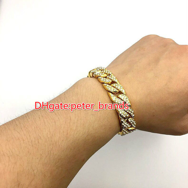 Free shipping New Solid Gold Plated CUBAN LINK Shiny Diamond Bracelet Hip Hop Bling Jewelry Hipster Men Wristband Bangle