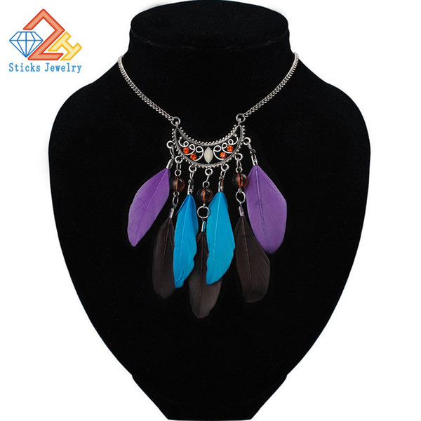 Sticks Jewelry Fashion Bohemia Style Trendy Necklace Vintage Hollow Out Moon Shape Feather Rhinestone Statement Necklace Women