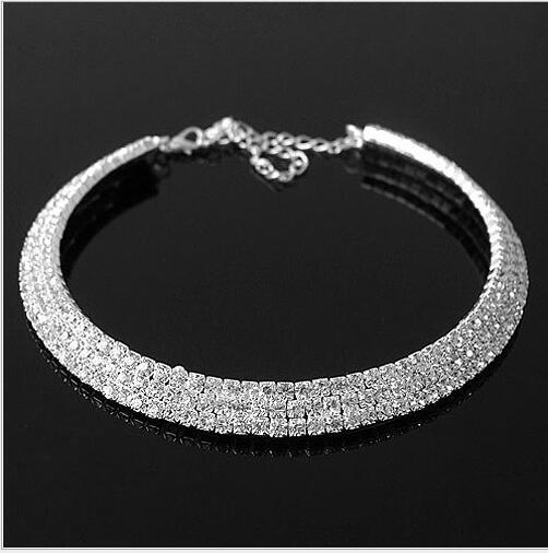 Three Row Crystals Silver Tone Wedding Bridal Necklace Hot Selling Special Gift Diamante Tennis Women Dinner Party Costume Choker