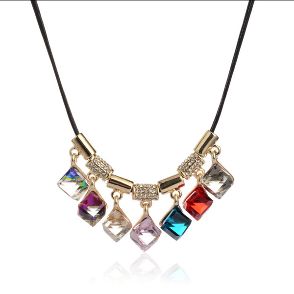 New fashion Necklace Jewelry 7 Colors polyhedral square crystal diamonds necklace wax rope chain for Women Christmas Gift Accessories