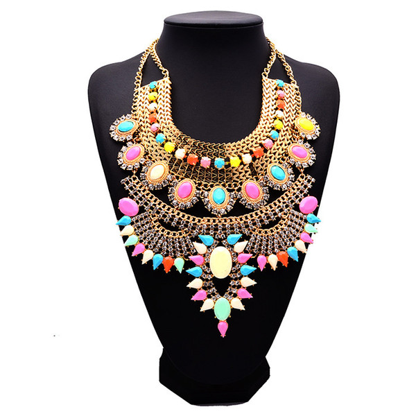 Wholesale-2017 New Design Summer Style Long Bohemian Alloy Maxi Necklace Exaggerated Crystal Pendant Necklaces Collier Jewelry XG737