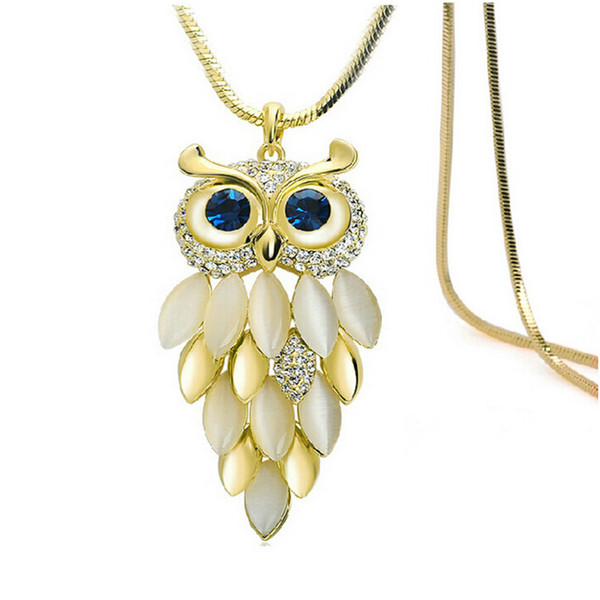 Owl full crystal Pendant necklace Vintage 18K Gold Plated cute kitten opal Diamond necklaces fashion Sapphire Jewelry chain