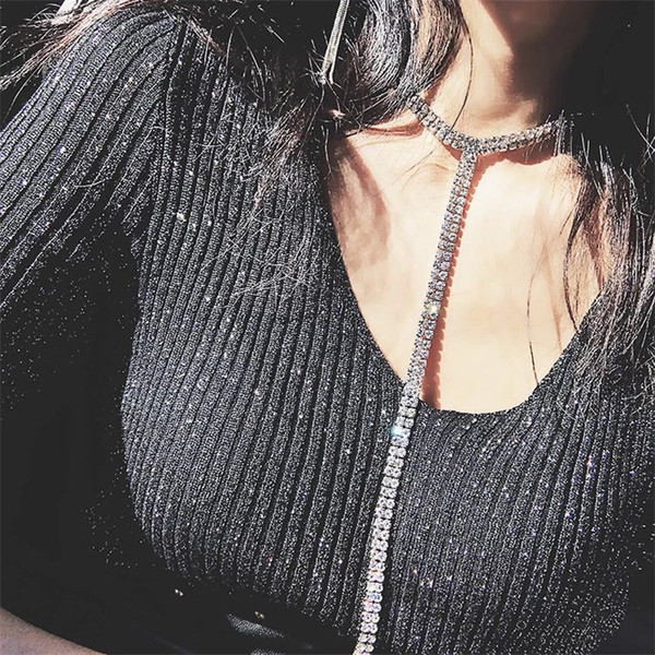 2019 European and American style women's wild autumn and winter long section Rhinestone Double row clavicle Collar necklace Sweater chain wo