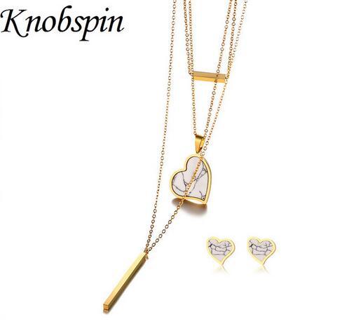 2019 New Arrival Stainless Steel White Stone Heart Three-layer Necklace + Stud Earring Set for Women Fashion Women Party Jewelry