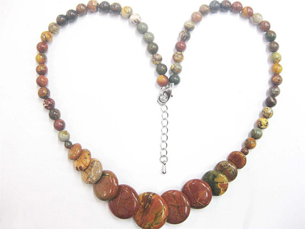 Wholesale 6-20mm Natural Multicolor Picasso Jasper Coin & Round Bead 18KWGP Clasp Necklace