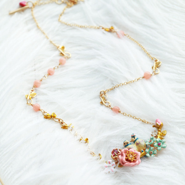 France LES New Enamel Crystal Crip Flowers Birds Women's Necklaces Simple Elegant All-match Party Dress Necklaces Jewelry