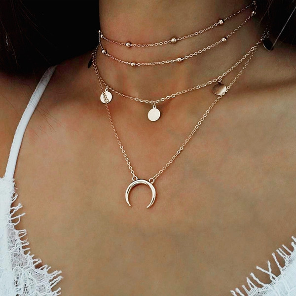 Simple fashion wedding dress necklace choker round moon pendant multi-layer round bead snake chain clavicle jewelry necklace