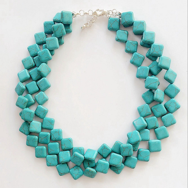 Free Shipping Square Turquoise Stone Choker Three Layers Statement Chunky Necklace, Elegant Women Fashion Sweet Necklace