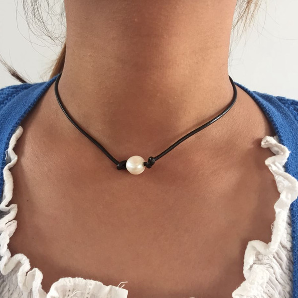 Free Shipping Simple Dark Brown Genuine Leather Fresh Water Pearl Choker High Quality Necklace, New Sweet Simple Necklace