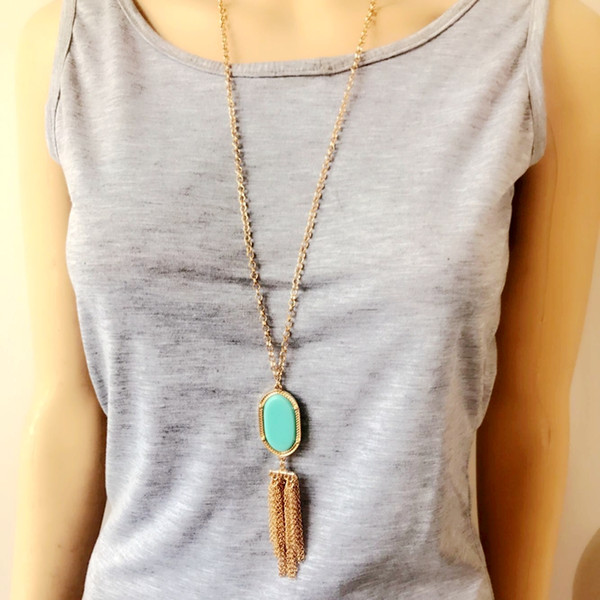 Free Shipping New Pendant Tassel Chain Five Colors Geometric Resin Elegant Necklace, Sweet Long New Necklace