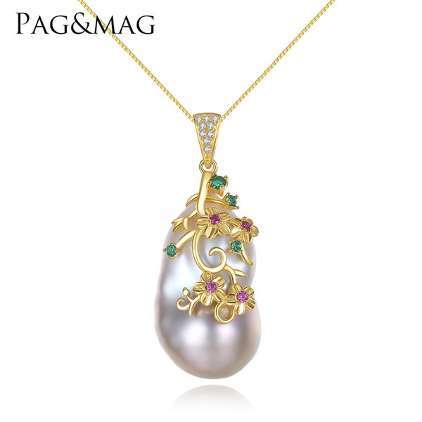 PAG&MAG Brand Special-shaped Baroque Big Natural Pearl Pendant Women Necklace Sterling Silver Chain Each Pearl Difference S18101105