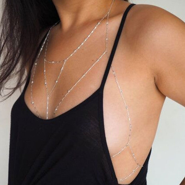 Newest Gold/Silver Color Copper Beads Chain Necklace Bra Multilayer Sexy Beach Bikini Harness Necklaces for Women Body Jewelry YMNJ75051