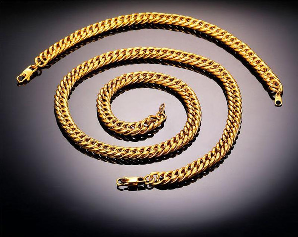 U7 9MM New Chunky HipHop Gold Chain Necklace Bracelet Men Jewelry 18K Gold Plated Stainless Steel African Ethiopian Jewelry Set