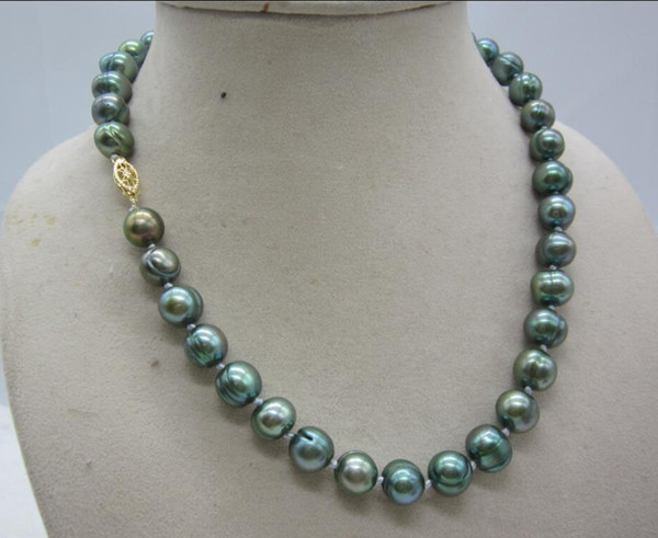 10-12mm natural tahitian black green pearl necklace 18