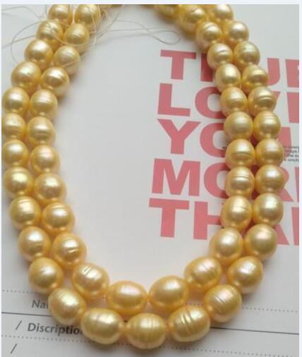 Hot 12-14mm Natural South Sea Golden Yellow Pearl Necklace 14k Gold Clasp 35 