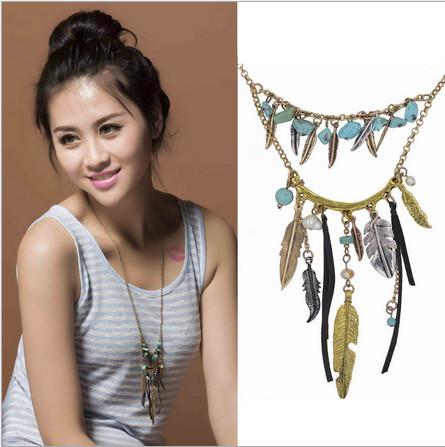 Euro-American necklace feather Turquoise skin rope tassels collar Bohemia goes together with to decorate the race breeze sweater chain