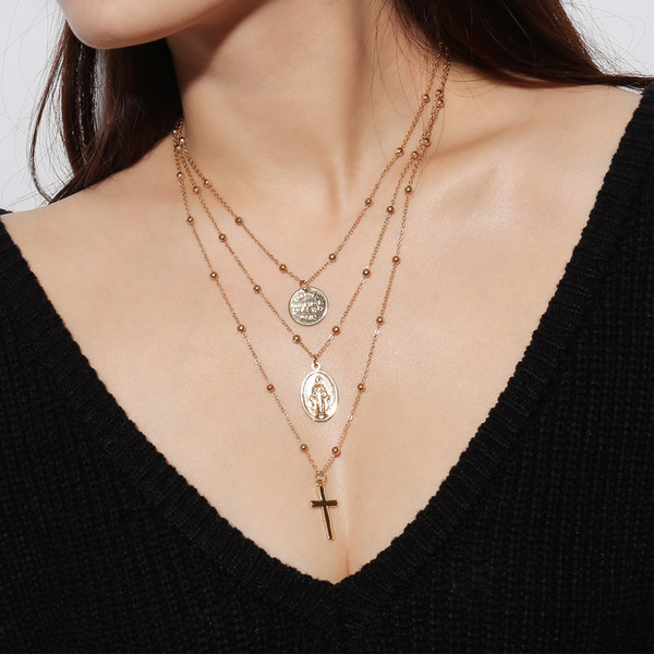 Europe and the United States cross - border jewelry retro exaggerated personality of the European fan decorative crucifix pendant multi - la