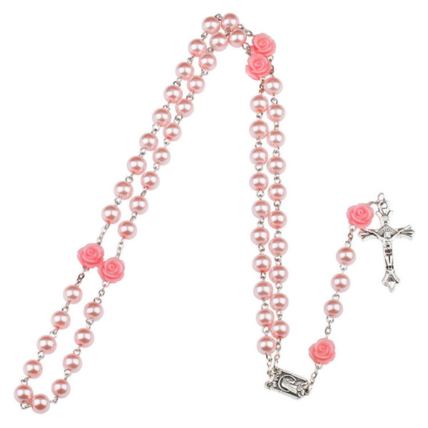 4 Colors Pink Rose Rosary Madonna Jesus Cross Necklace Pendants Pearl Chain Fashion Jewelry for Women Will and Sandy DROP SHIP 162671P