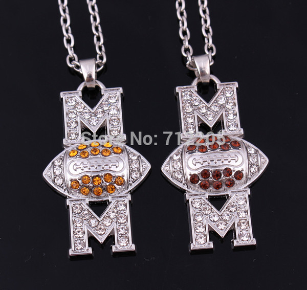 Mother's Day Gift Free shipping 10pcs a lot zinc alloy American football Mom Pave clear Crystal Pendant chain necklace