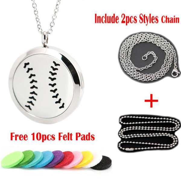 1pcs magnet 30mm cute baseball Aromatherapy Essential Oil surgical Stainless Steel Perfume Diffuser Locket Necklace with chain and pads