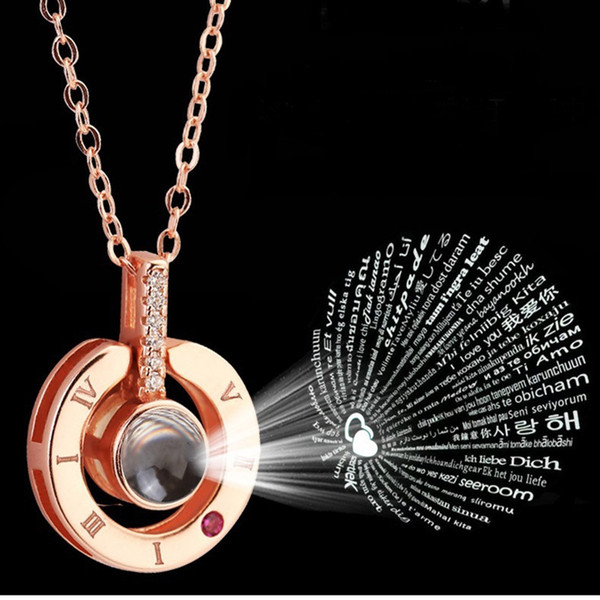 9 model Rose Gold&Silver 100 languages I love you Projection Pendant Necklace Romantic Love Memory Wedding Necklace