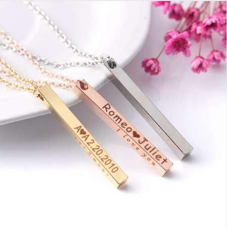 Women Name Necklace Personalized Custom Engrave Gold Silver Rose Gold Tone Bar Chain Pendant Necklace Four-sided Engraving