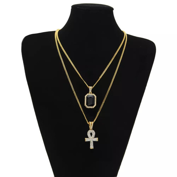 Egyptian Ankh Key of Life Bling Rhinestone Cross Pendant With Red Ruby Pendant Necklace Set Men Fashion Hip Hop Jewelry