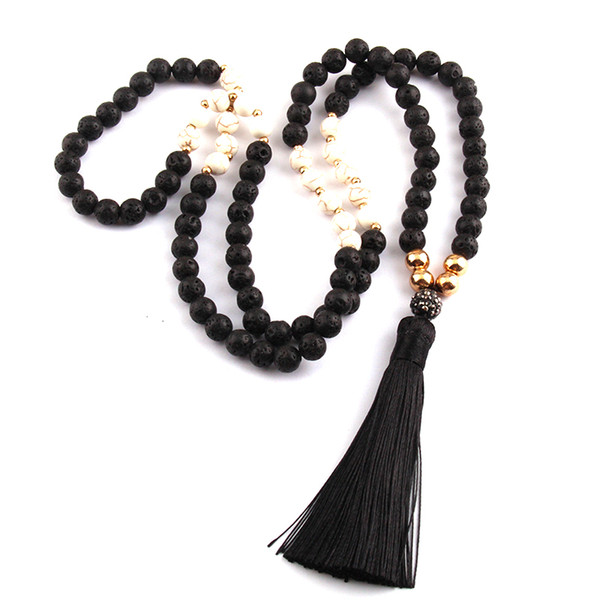 Fashion Black Lava Stones Bohemian Tribal Jewelry Long Black Tassel Necklace For Women