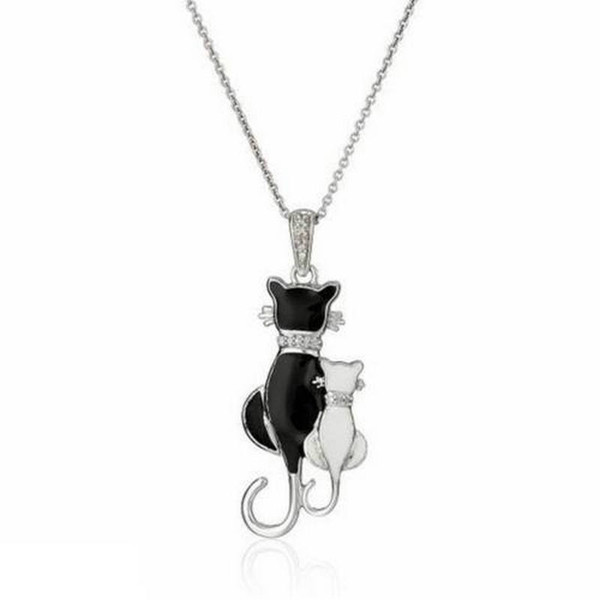 Wholesale-Fashion Women Girl Silver Plated Black Cat White Cat Pendant Chain Necklace Jewelry Charm Bijou