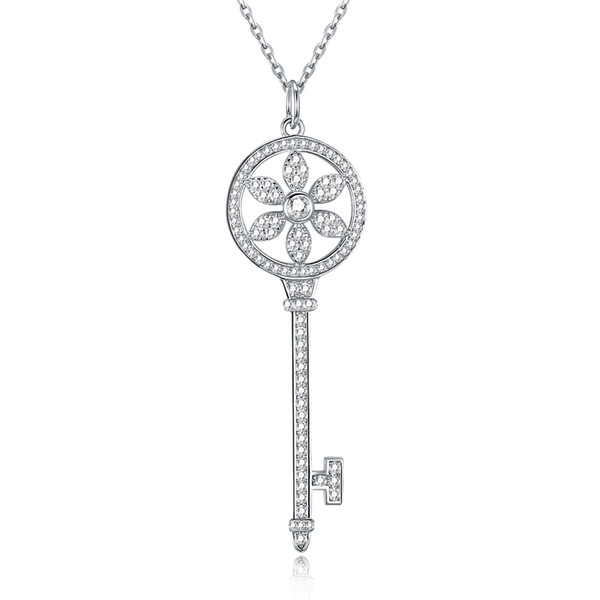 S925 Sterling Silver Keys Petals Key Pendant Necklace with Diamonds 100% 925 Silver Necklaces Best Valentines gift for women