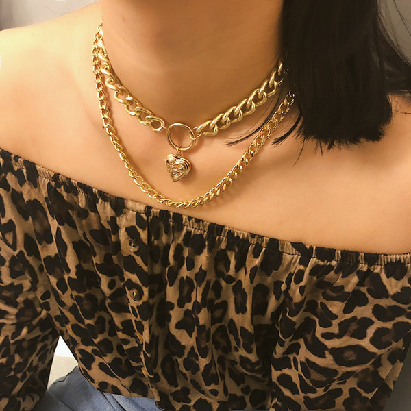 Heart-shaped creative open Pendant Necklace women exaggerate double-deck simple chain short necklace