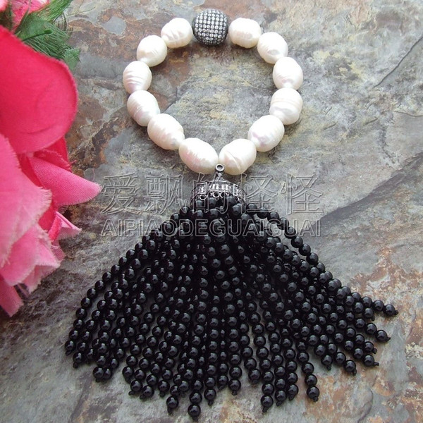 B072012 Onyx White Rice Freshwater Pearl Bracelet CZ Pave Fringle