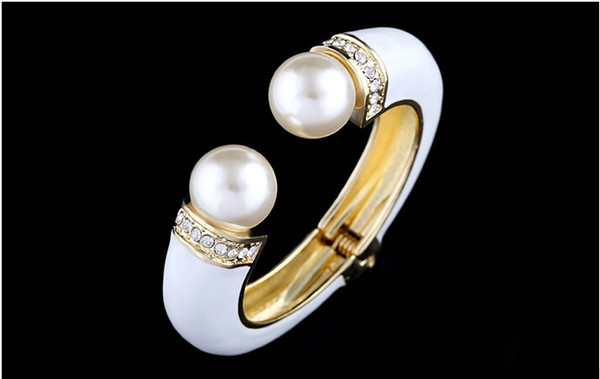 Fashion Bracelets & Bangles Handmade Enamel Man Made Pearl Vintage Flowers Design Jewelry 18k gold plated bangles BR-03155