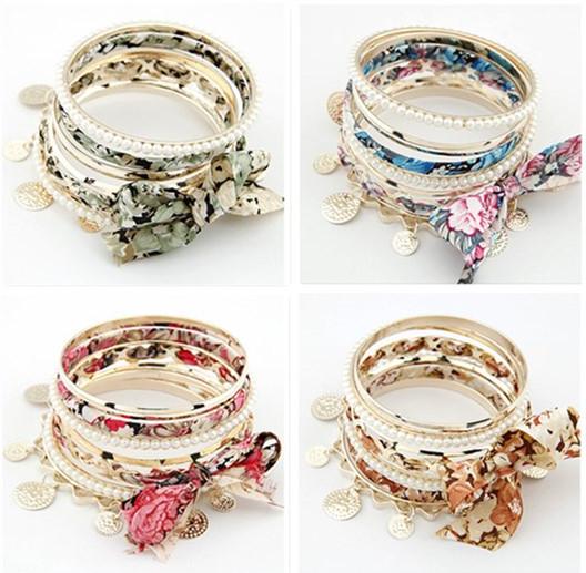 wholesale Alloy Fabric Bangles & Bracelets Fashion Elastic Bangles/Bracelets sets mixed colors Women Bracelet Sets HighQuallity