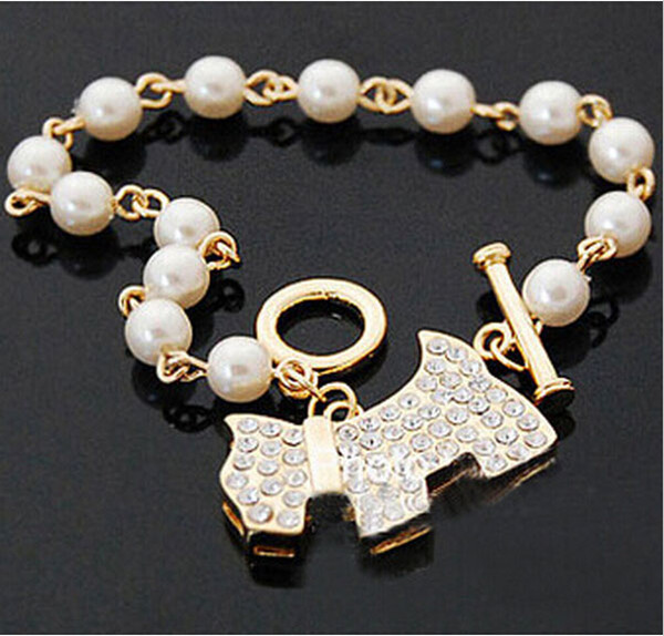 Fashion Full Rhinestone Shiny Pearl Puppy Bracelet Vintage Charm Good Luck Bracelets Bangles For Women Handmade Korean Pearl Jewelry