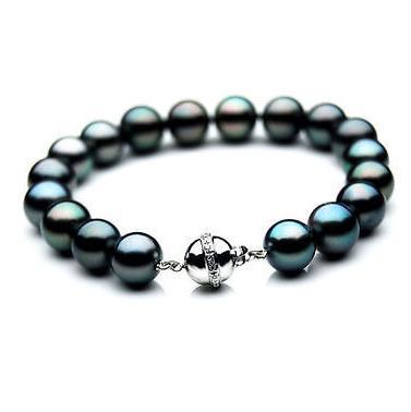 Beautiful 10-11mm natural tahitian peacock green pearl bracelet 7.5-8inch 925 silver clasp