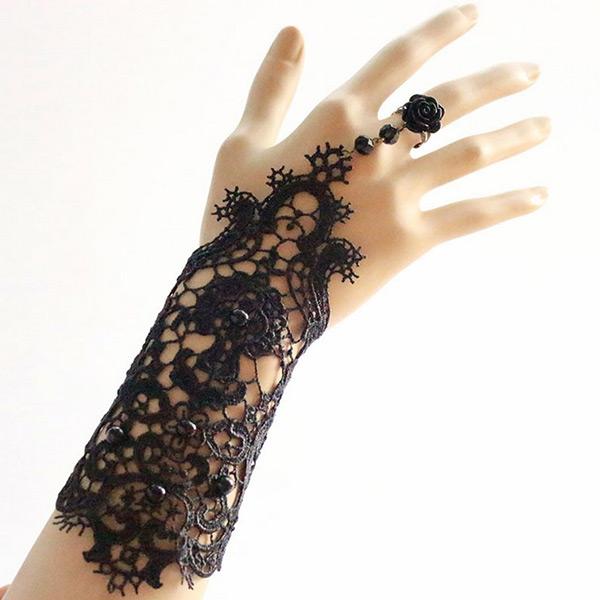 B120 Retro Fashion Bridal Women Black White Beaded Embroidered Lace Flower Bangle Bracelet Ring Pearl Wedding Party Gothic Decor Jewelry