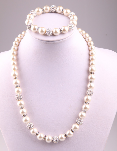 Free shipping New arrival 8mm,10mm crystal glass pearl beads and disco pave ball necklace bracelet jewelry set