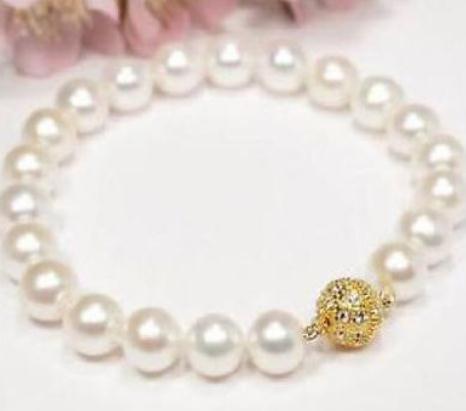 8-9mm Round South Seas White Pearl Bracelet 7.5-8inch 14k Gold Clasp